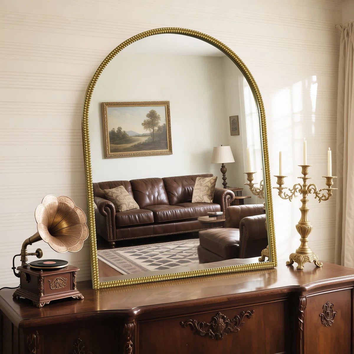 Antique Mirror with Metal Frame – Arched Beaded Wall Mirror