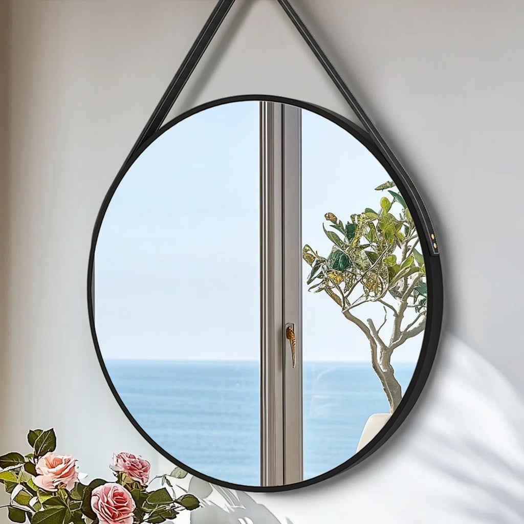 32'' Round Coastal Wall Mirror Brushed Black Aluminum Frame