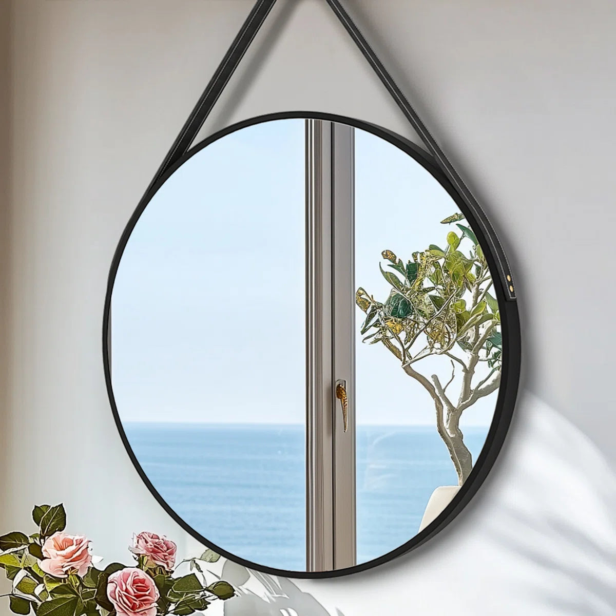 32'' Round Coastal Wall Mirror Brushed Black Aluminum Frame