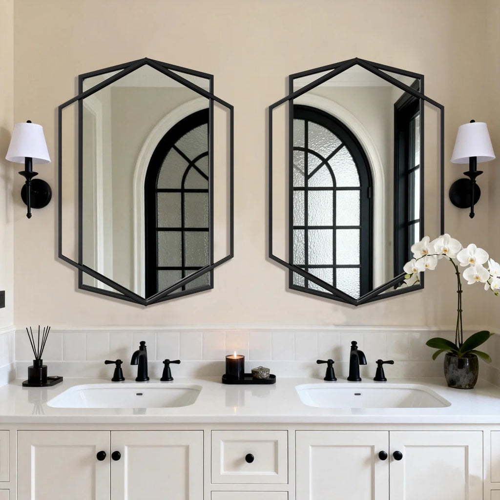 Hexagon Black Metal Framed Wall Mirror, Geometric Bathroom Vanity Mirror for Over Sink, Horizontal or Vertical Hanging Accent Mirror for Entryway, Bedroom & Living Room