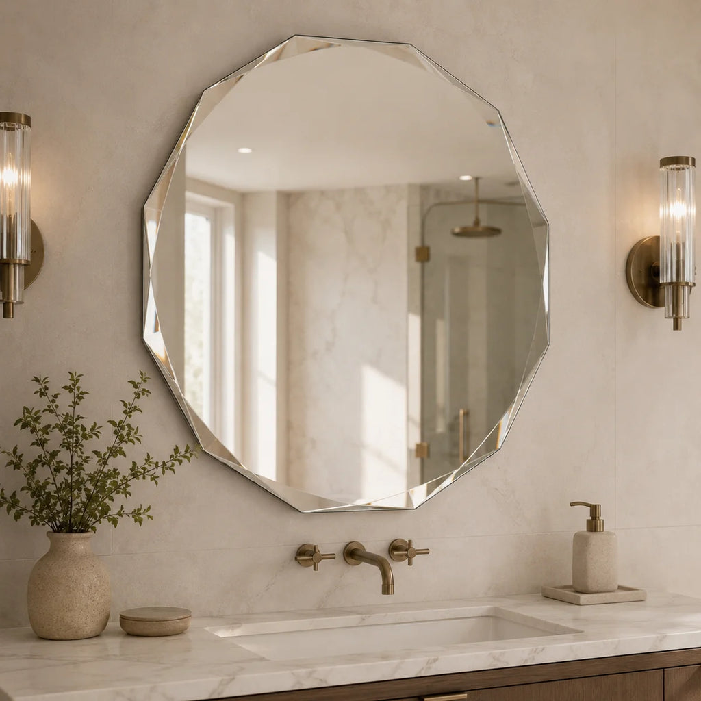 Faceted Frameless Round Bathroom Vanity Mirror with Tempered Glass and Beveled Edge