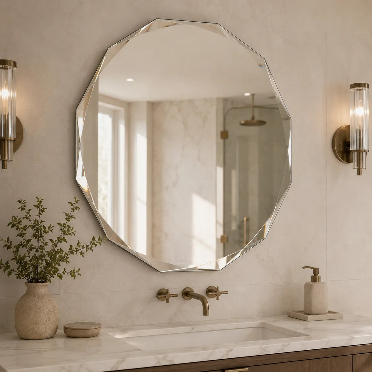 Faceted Frameless Round Bathroom Vanity Mirror with Tempered Glass and Beveled Edge