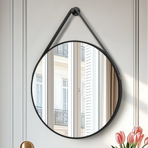 32'' Round Coastal Wall Mirror Brushed Black Aluminum Frame