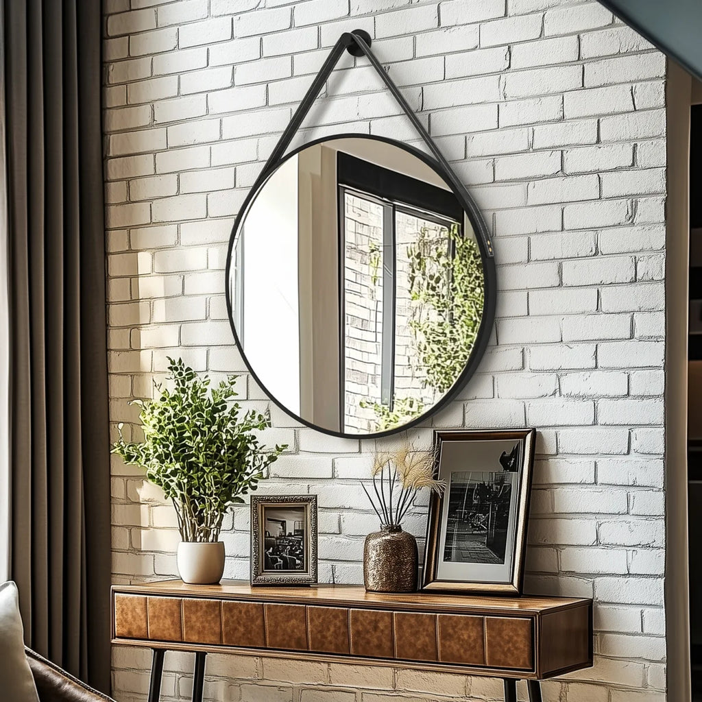 32'' Round Coastal Wall Mirror Brushed Black Aluminum Frame
