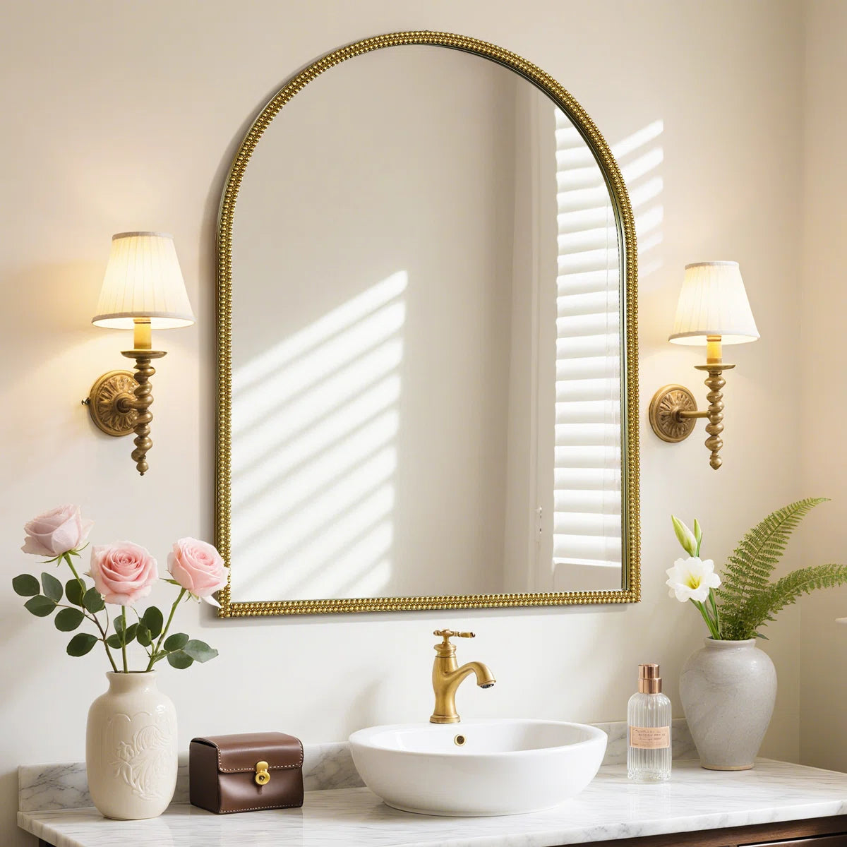 Antique Mirror with Metal Frame – Arched Beaded Wall Mirror