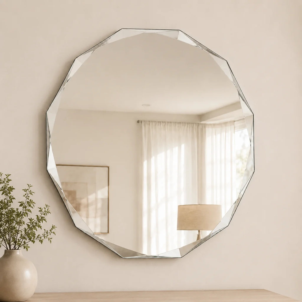 Faceted Frameless Round Bathroom Vanity Mirror with Tempered Glass and Beveled Edge