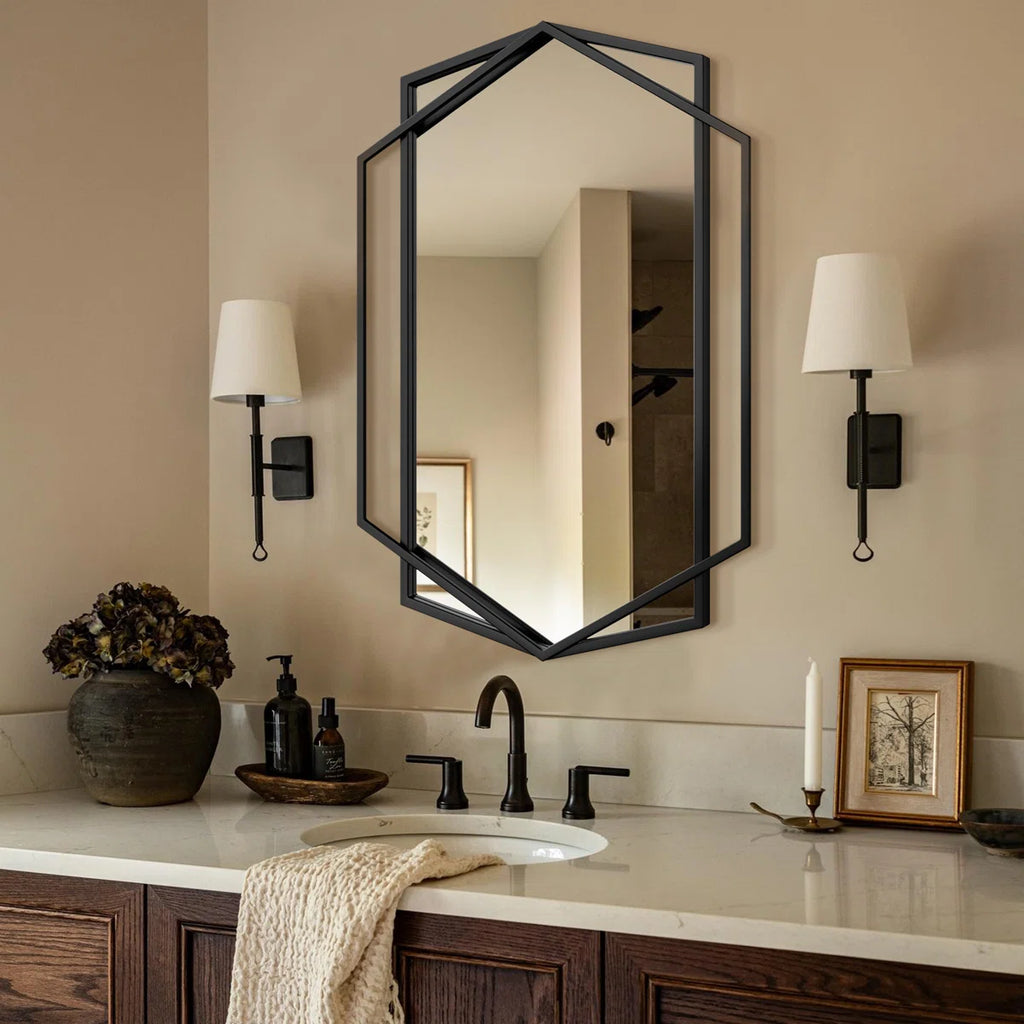 Hexagon Black Metal Framed Wall Mirror, Geometric Bathroom Vanity Mirror for Over Sink, Horizontal or Vertical Hanging Accent Mirror for Entryway, Bedroom & Living Room