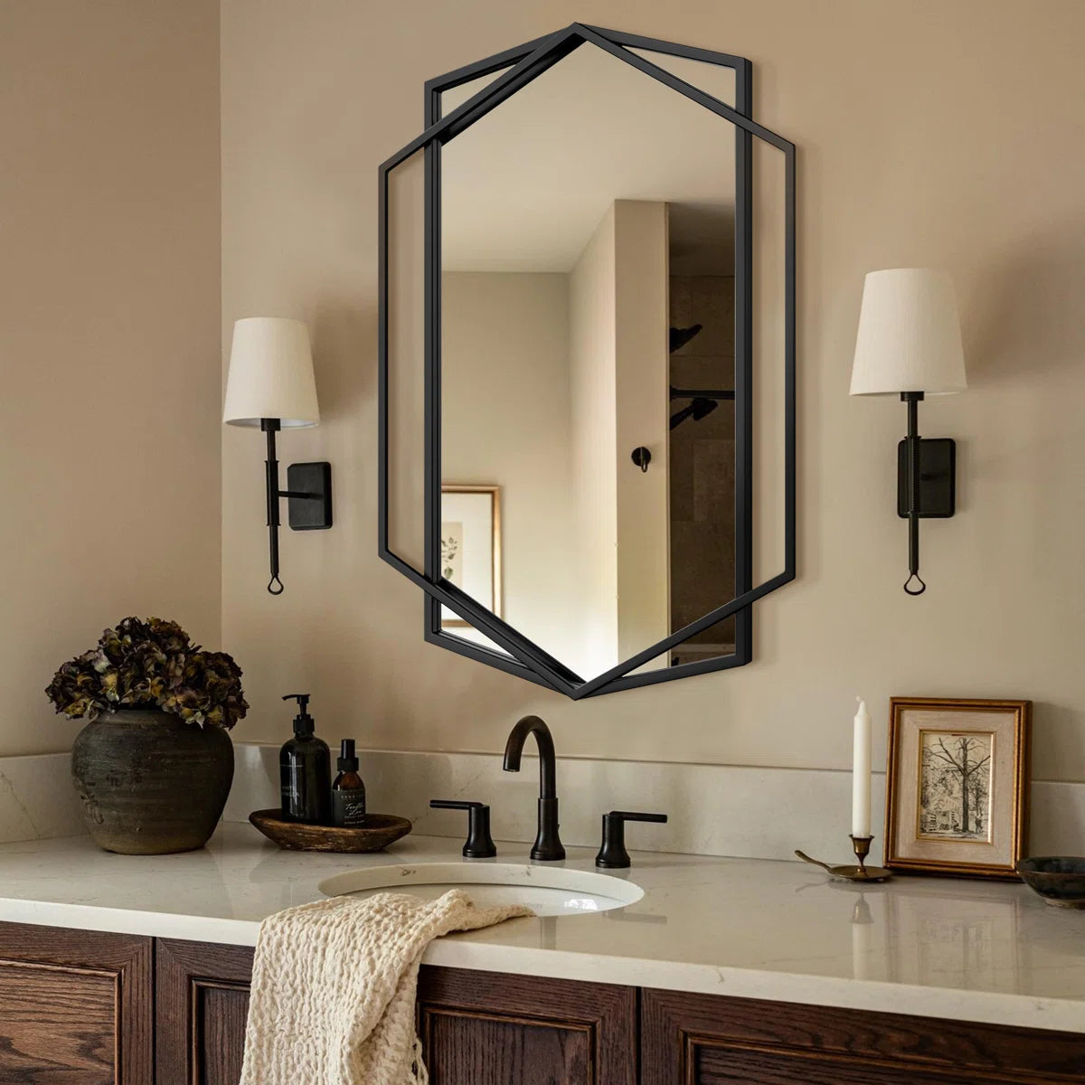 Hexagon Black Metal Framed Wall Mirror, Geometric Bathroom Vanity Mirror for Over Sink, Horizontal or Vertical Hanging Accent Mirror for Entryway, Bedroom & Living Room