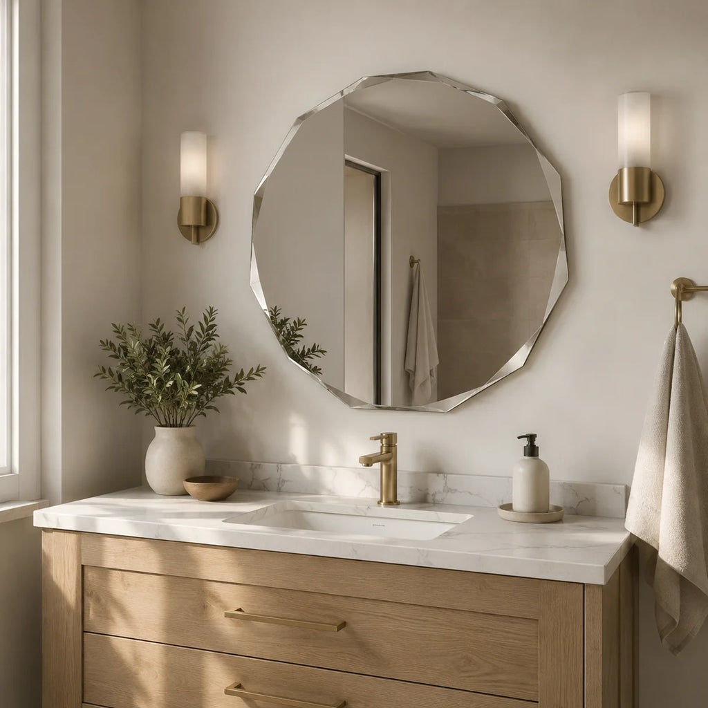 Faceted Frameless Round Bathroom Vanity Mirror with Tempered Glass and Beveled Edge