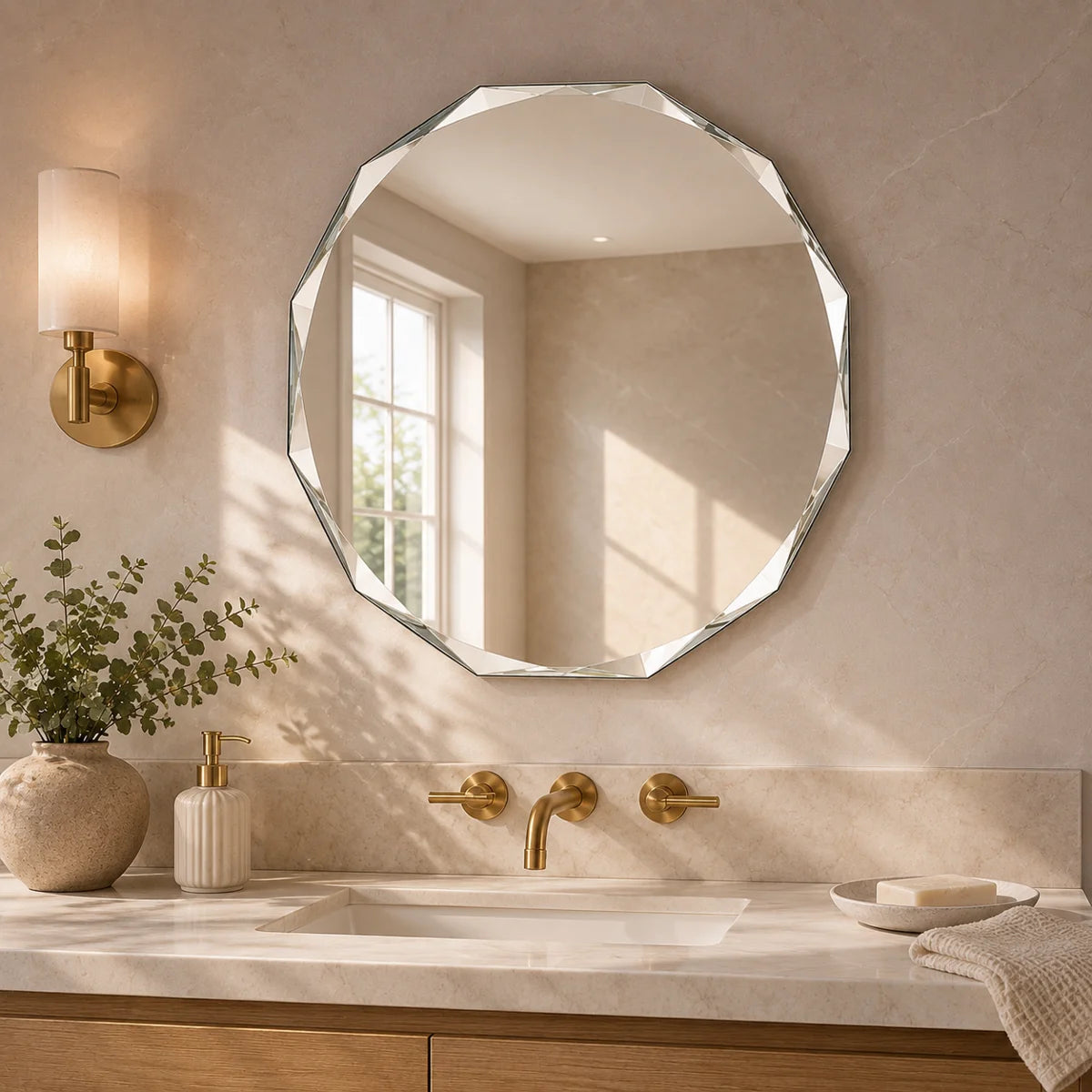 Faceted Frameless Round Bathroom Vanity Mirror with Tempered Glass and Beveled Edge