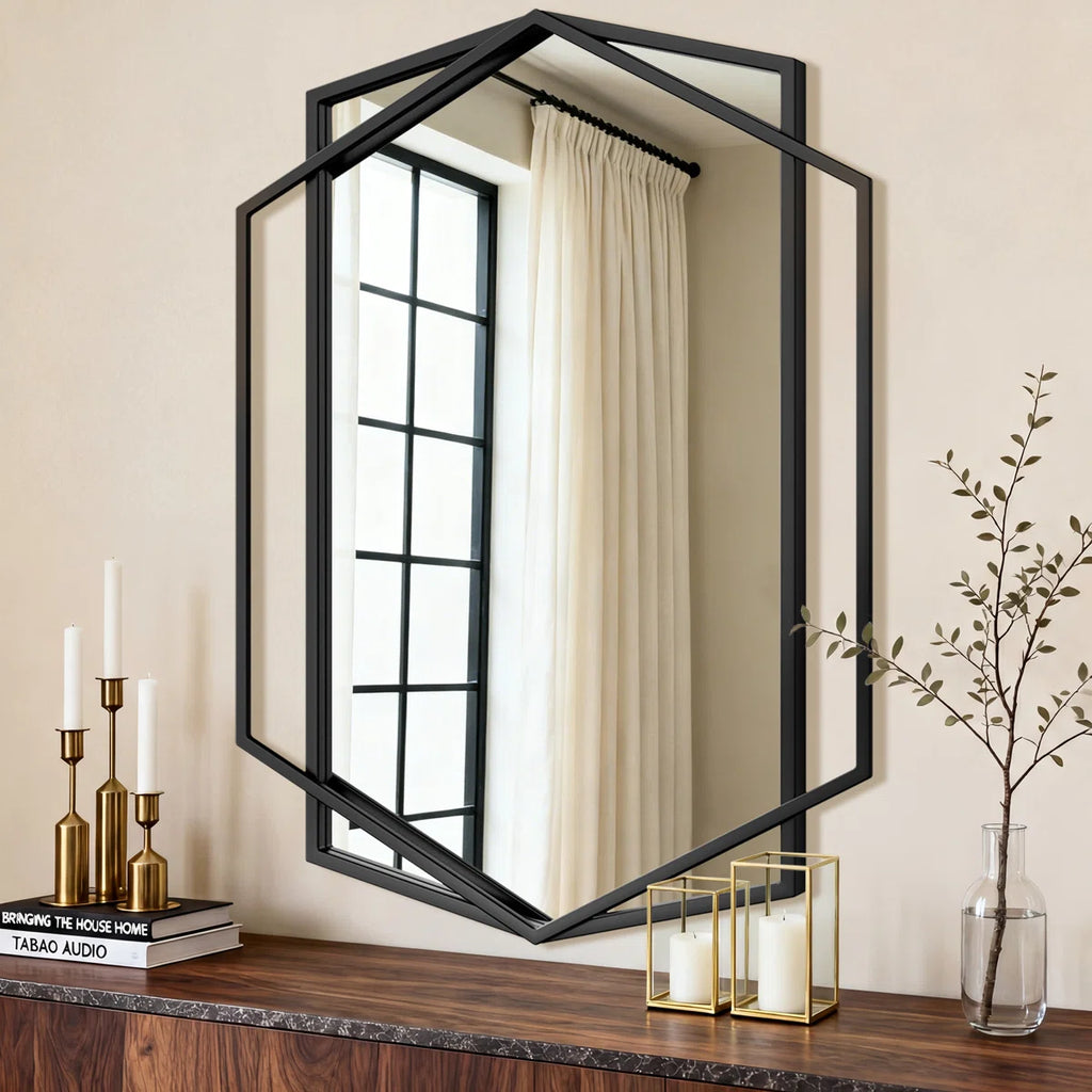 Hexagon Black Metal Framed Wall Mirror, Geometric Bathroom Vanity Mirror for Over Sink, Horizontal or Vertical Hanging Accent Mirror for Entryway, Bedroom & Living Room