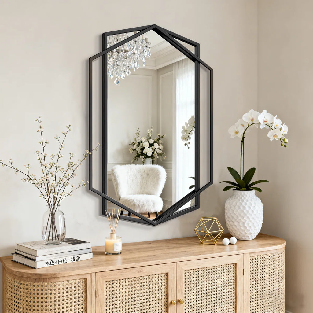 Hexagon Black Metal Framed Wall Mirror, Geometric Bathroom Vanity Mirror for Over Sink, Horizontal or Vertical Hanging Accent Mirror for Entryway, Bedroom & Living Room