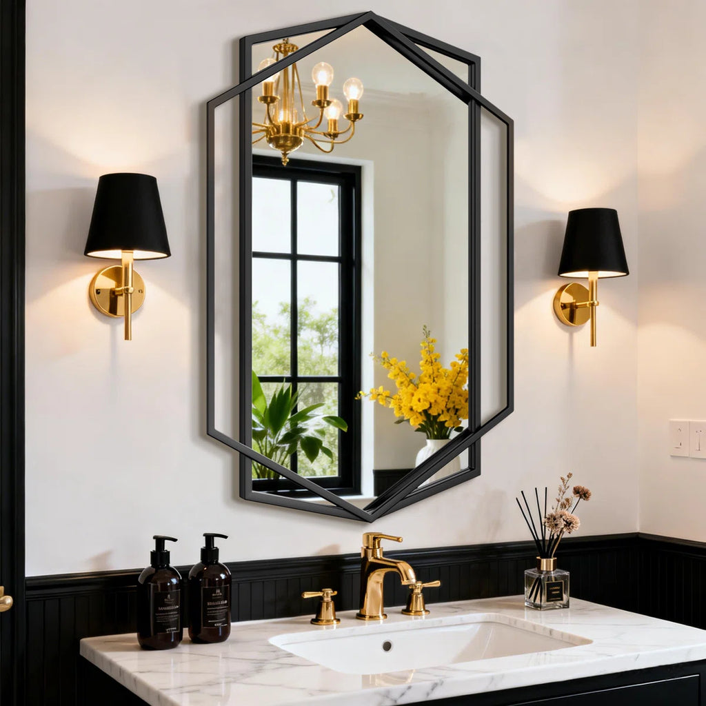 Hexagon Black Metal Framed Wall Mirror, Geometric Bathroom Vanity Mirror for Over Sink, Horizontal or Vertical Hanging Accent Mirror for Entryway, Bedroom & Living Room