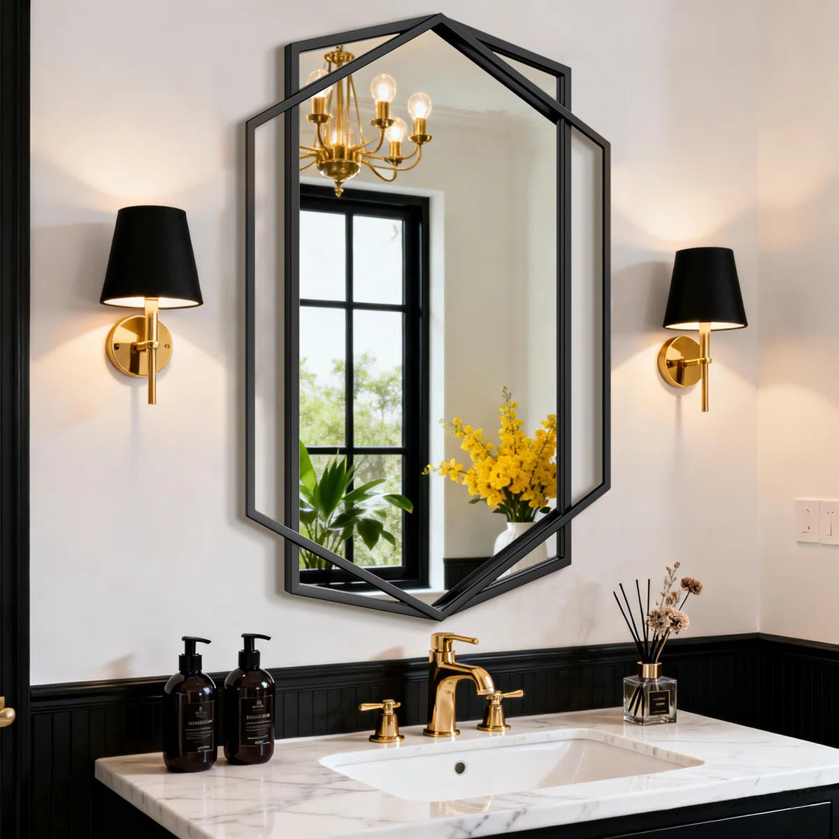 Hexagon Black Metal Framed Wall Mirror, Geometric Bathroom Vanity Mirror for Over Sink, Horizontal or Vertical Hanging Accent Mirror for Entryway, Bedroom & Living Room