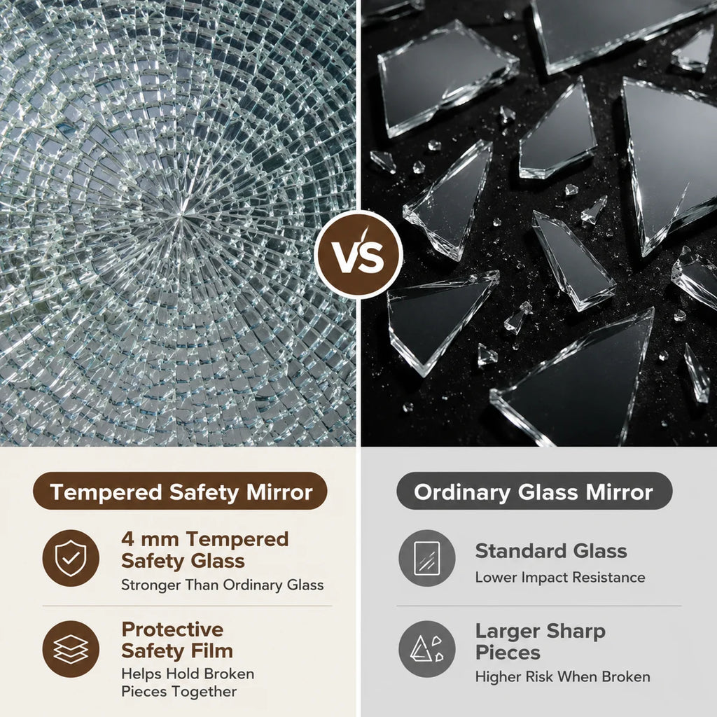 Faceted Frameless Round Bathroom Vanity Mirror with Tempered Glass and Beveled Edge