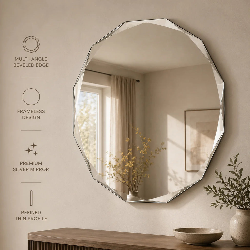 Faceted Frameless Round Bathroom Vanity Mirror with Tempered Glass and Beveled Edge